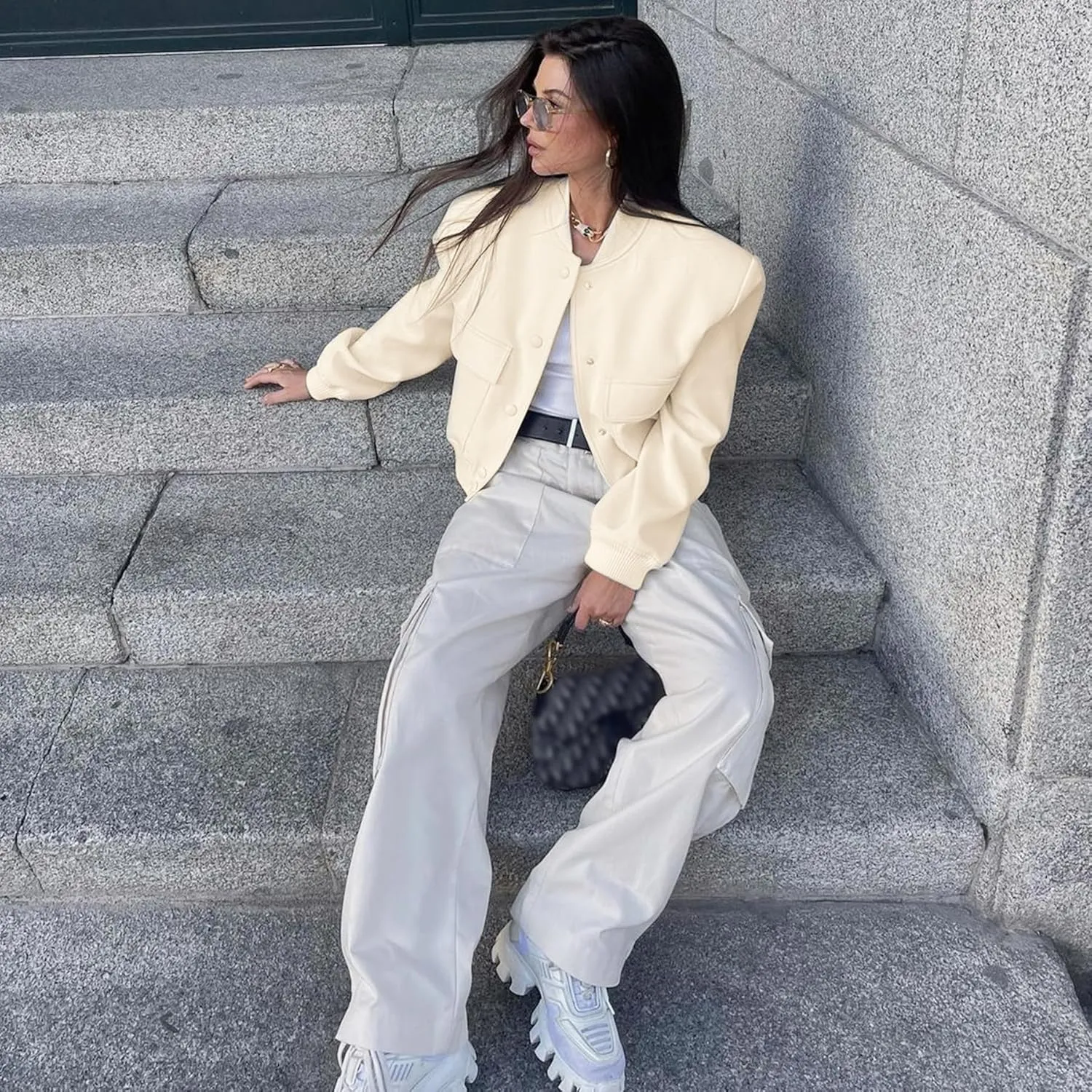 Zando Womens Bomber Jacket Button Down Short Cropped Jackets Long Sleeve Baseball Varsity Jacket Casual Jackets with Pockets