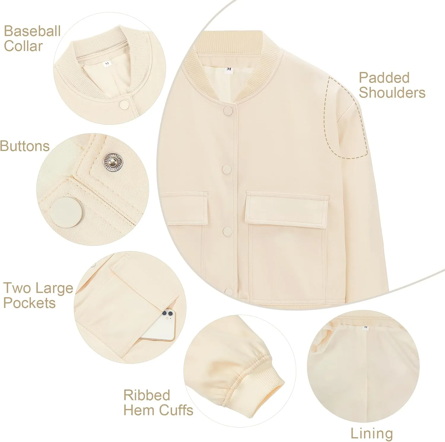 Zando Womens Bomber Jacket Button Down Short Cropped Jackets Long Sleeve Baseball Varsity Jacket Casual Jackets with Pockets